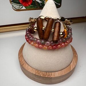 Boho Wood Bead Bracelet Stack Gold Tone Stretch Bracelets Earthy Cabincore